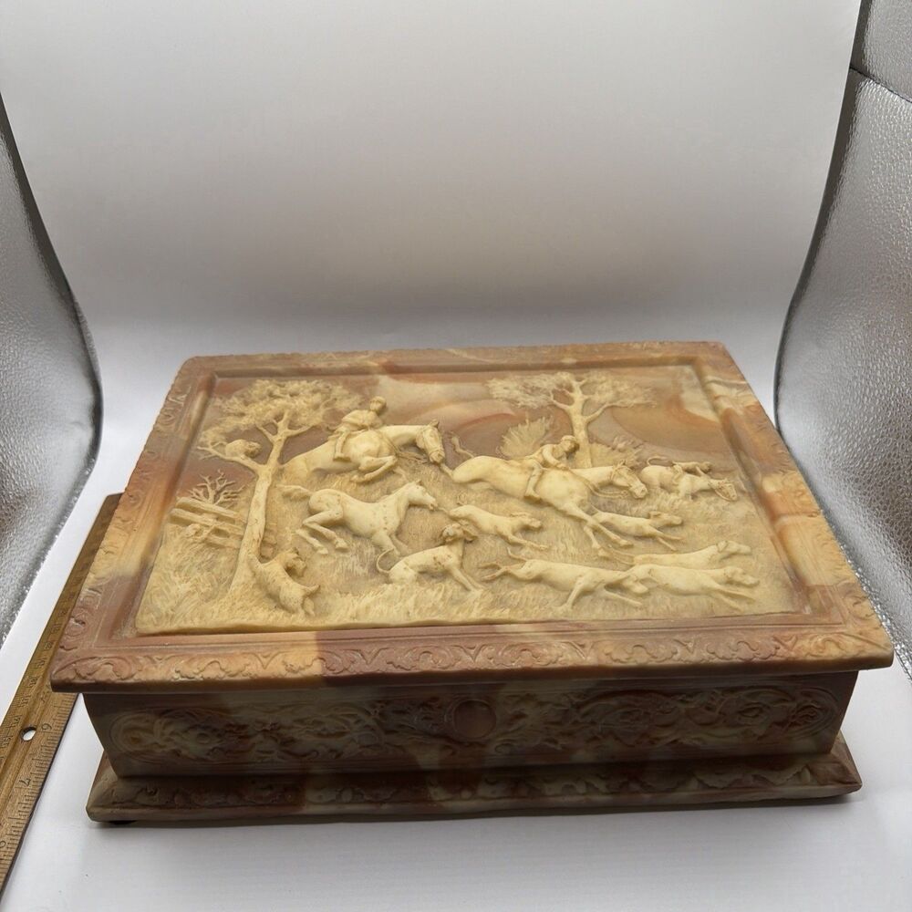 Genuine Incolay Stone Handcrafted Jewelry Box Hunting Scene 11x9x3
